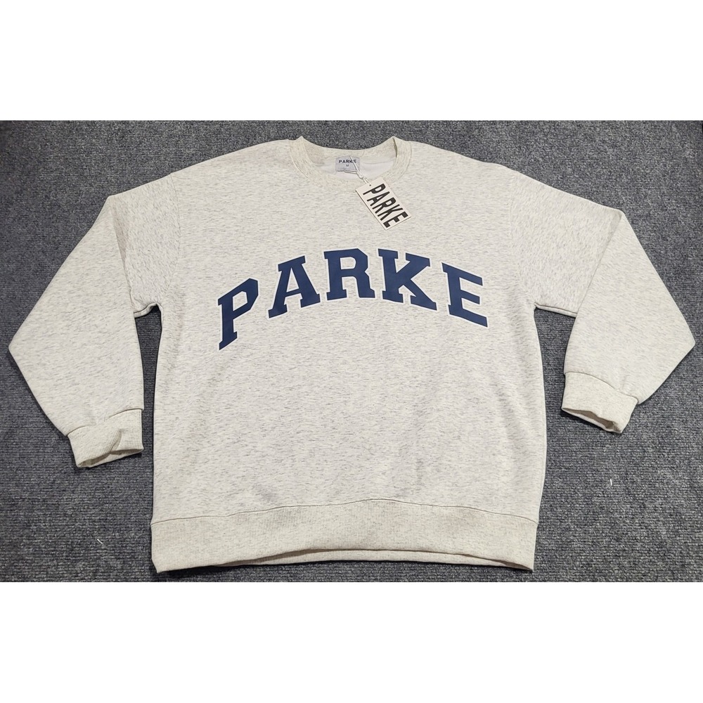 PARKE Varsity Crew Neck Grey Pullover Sweatshirt Long Sleeve Logo Size Medium